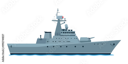 Clean vector illustration of a modern grey warship, equipped with radar and weaponry, navigating calm blue water, ideal for naval defense and military projects