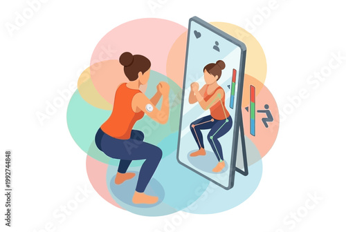 Woman exercising with smart mirror for fitness tracking and biohacking