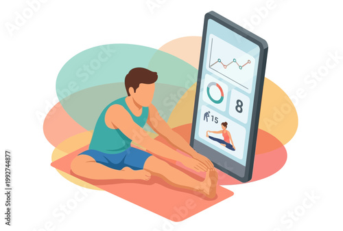 Man Using Smart Mirror for Fitness Tracking and Yoga Stretching
