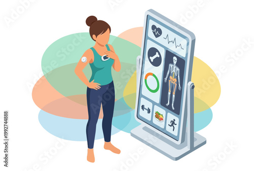 Isometric Woman Using Smart Mirror for Biohacking and Fitness Tracking