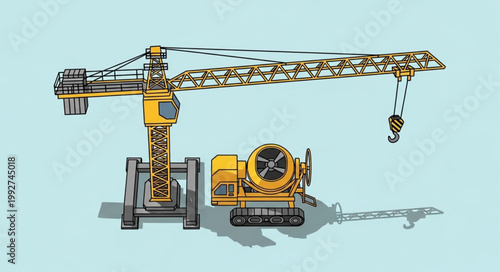 Yellow construction crane and concrete mixer illustration.