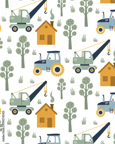 An adorable seamless pattern depicting cartoon construction vehicles like tractors and cranes, paired with small houses and leafy trees. This design is perfect for children's room decor, textiles