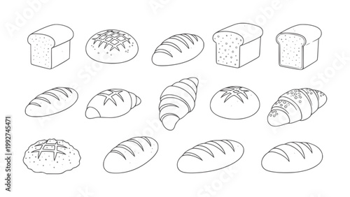 Collection of line baked goods including loaves croissants and buns bread loaf pastry