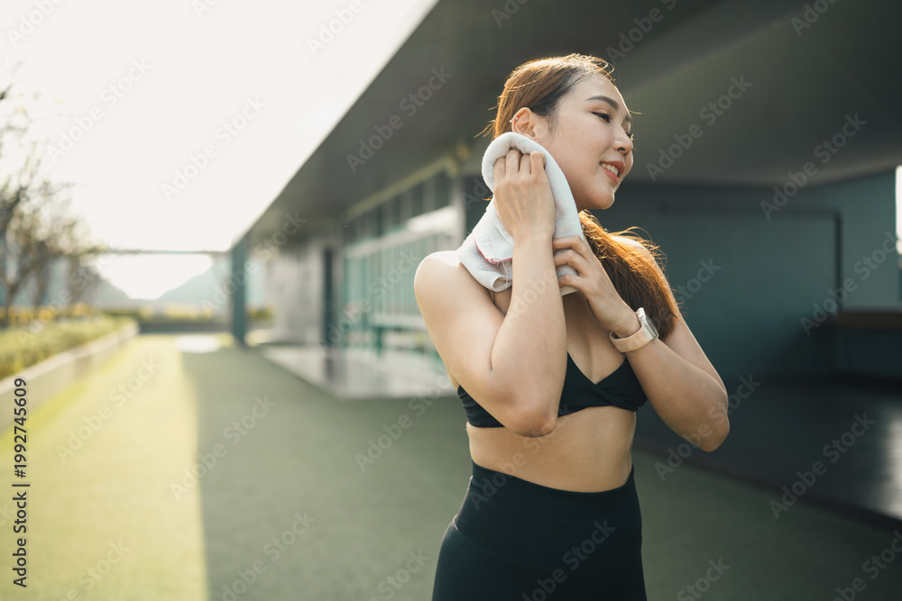 Naklejka premium Fitness woman wiping sweat with a towel after outdoor workout, representing recovery, cooling down, and maintaining hygiene during an active lifestyle.