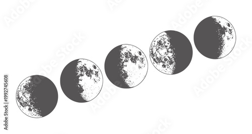 Five gray moon phases depicted with craters and texture white lunar cycle celestial