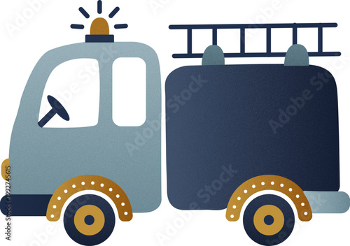 A stylized digital illustration of a fire truck with a ladder and siren, featuring a textured finish and a color palette of blue and mustard gold.

