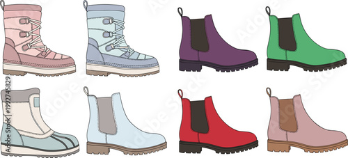 Winter and Fashion Boots Collection with Lace Up and Chelsea Styles Colorful Footwear Vector Illustration Set