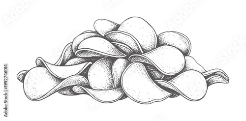 Hand drawn pile of potato chips in vintage style snack food