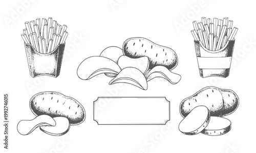 Hand drawn potato chips french fries and whole potatoes with label