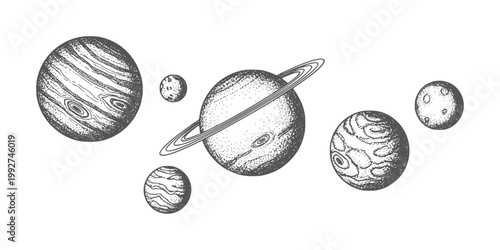 Hand drawn planets and moons in stippled style space astronomy solar system