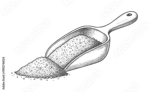 Hand drawn scoop filled with granular sugar spilling onto white