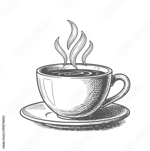 Hand drawn steaming cup of coffee saucer with hatching drink