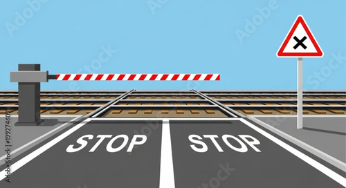 Railway crossing with stop signs and barrier.