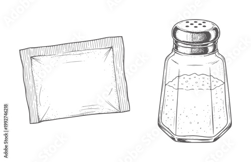 Of a salt shaker and a single serving packet seasoning condiment