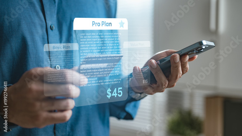 Fotografía User selecting subscription plan on smartphone with pricing interface, representing recurring billing, premium service access, and digital platform management with automated payment