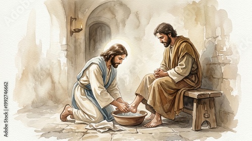Artistic depiction of the biblical foot washing ceremony in soft beige tones.