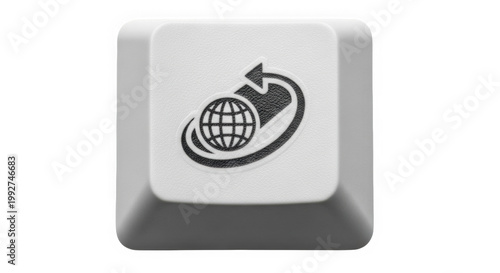 A white computer keyboard key with a black globe and arrow logo on it isolated on transparent background