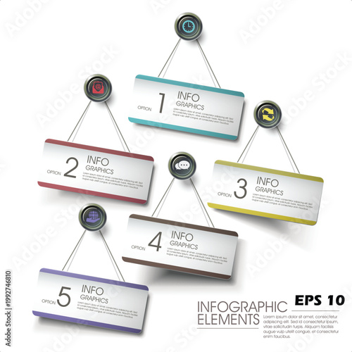 5-Step Hanging Banner Infographic. Professional Vector Template with 3D Hanging Signs, Corporate Icons, and Numbered Option Banners.