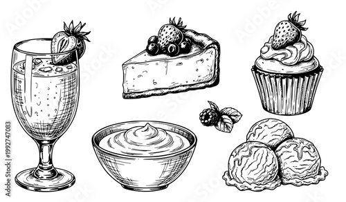 Hand drawn strawberry dessert sketch collection with smoothie cupcake cheesecake ink vector illustration