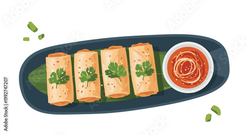 Appetizing plate of golden brown spring rolls garnished with fresh cilantro and served with a bowl of sweet chili dipping sauce.