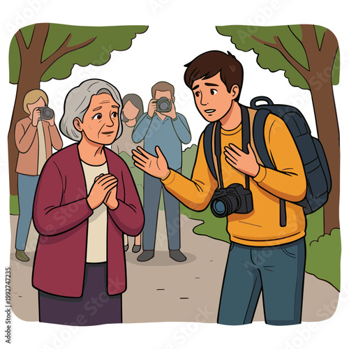 A young man talks to an elderly woman on a pathway in a park with trees and photographers.