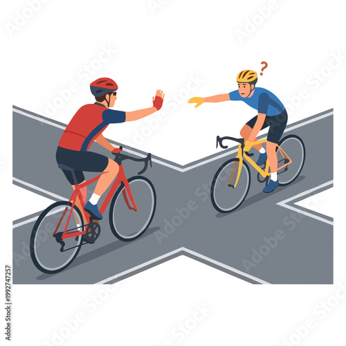 Two cyclists riding bicycles meet at crossroads with confusion