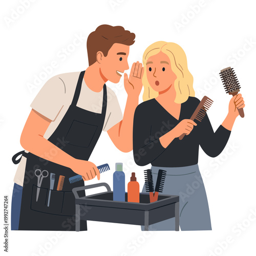 A hairdresser is styling a woman's hair with scissors and brushes in a salon.