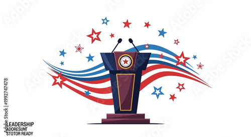 A stylized illustration of a podium for an American president speech stands against a clean white backdrop with waving red, white, and blue stripes and star icons, creating a patriotic