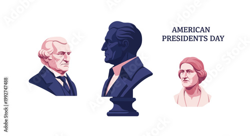 Fotografie Vector illustration celebrating American Presidents Day, showing busts of three
