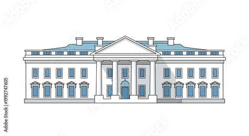 A digital illustration of the White House, an American presidential palace, is presented in a flat design style, displaying its iconic architecture against a clean white backdrop