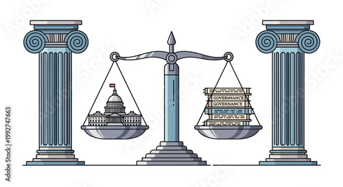 Stylized illustration depicting the balance of power in American government, with a miniature presidential palace and stacks of bills balanced on scales between two classical architectural