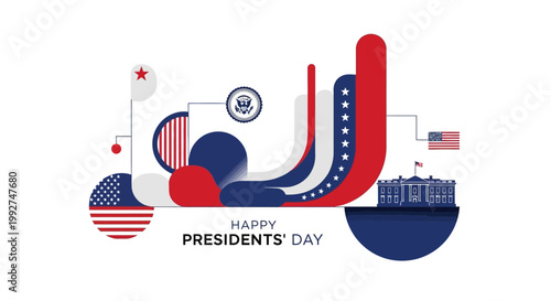 A festive flat lay graphic commemorates Presidents' Day with the American flag and the White House set against a clean white background, featuring a patriotic color palette