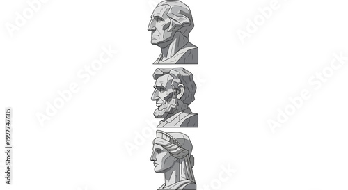 A vertical composition showcases three monochrome busts of American presidents and a statue against a clean white background, rendered in a vintage graphic style, evoking a sense of history
