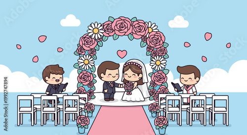 Bride And Groom At Wedding Ceremony Under Floral Arch.