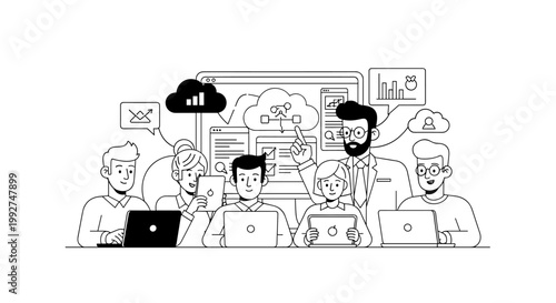 Team collaborates on cloud computing project with clean lines, using laptops and tablets in a modern monochrome style, conveying a sense of teamwork and technological advancement.