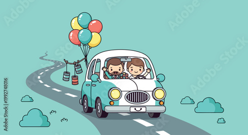 Cartoon car with passengers and balloons.