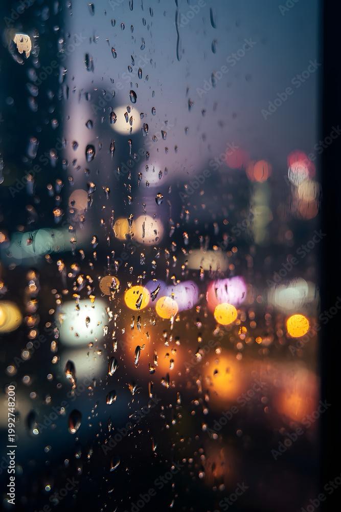 Fototapeta premium Raindrops sliding down glass window with blurred city lights in background, cinematic bokeh
