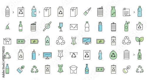 Comprehensive set of recycling and waste management icons representing different materials like plastic, glass, metal, and sustainable living practices.