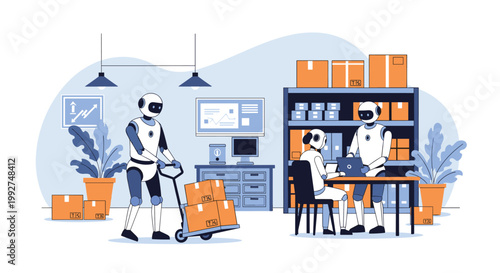 Autonomous robots working in a smart warehouse environment moving boxes and managing inventory with human-like efficiency and precision.