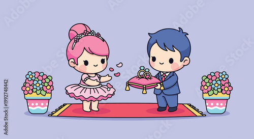 Cute Cartoon Children Wedding Scene With Bride And Groom.