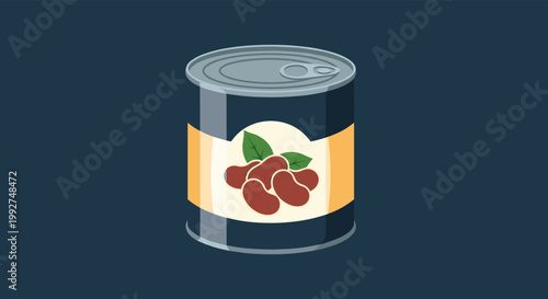 Illustrated tin can of kidney beans with a detailed label on a dark background representing pantry staples and long-term food storage.