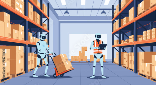 Advanced robots collaborating in a modern logistics warehouse to manage inventory and transport heavy boxes with digital precision and speed.