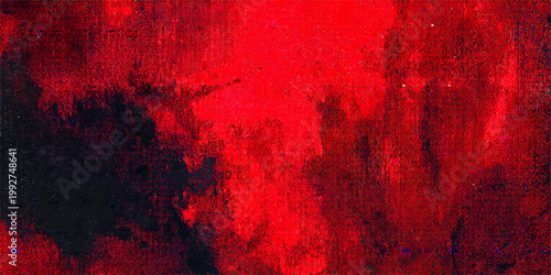 Abstract Red and Black Grunge Background with Distressed Canvas Texture and Dark Paint Splashes