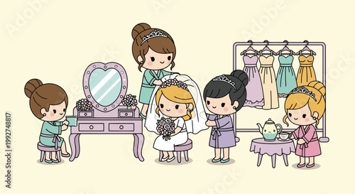 Group of children shopping for clothes and dressing up.