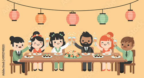 Group of diverse people dining together at a long table.