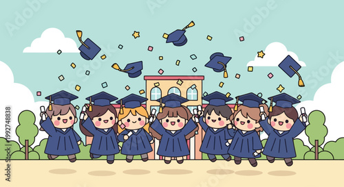 Group of graduates celebrating in blue gowns.