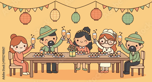 Group of friends and family playing a game at long table.