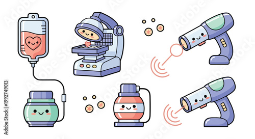 Set of whimsical cartoon medical equipment icons.