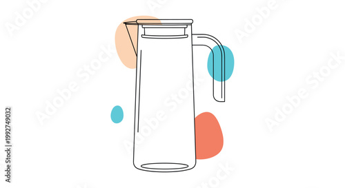 Elegant glass pitcher with a lid and handle for serving water or juice accented with colorful abstract shapes in the background.