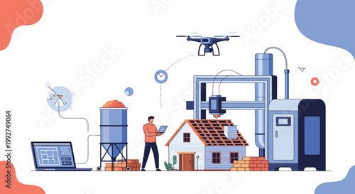 Future of construction featuring a 3D printing machine building a house with a drone monitor and an engineer managing the process on a laptop.